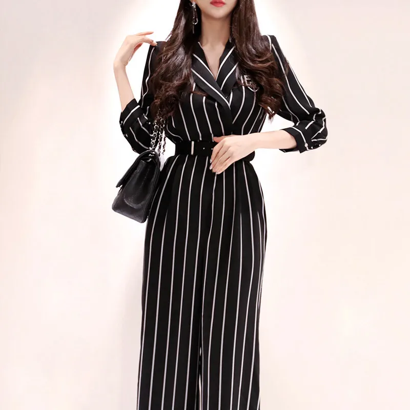 

Summer Mid Waist Casual Turn-down Neck High Street Women Jumpsuits Black Three Quarter Sleeve Striped Print Sashes Work Jumpsuit