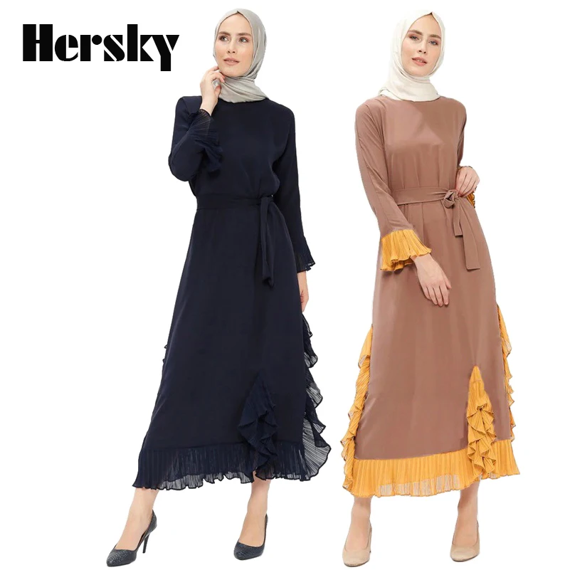 Мода Falbala сшивание мусульманская леди платье Дубая Турецкая женская одежда Caftan