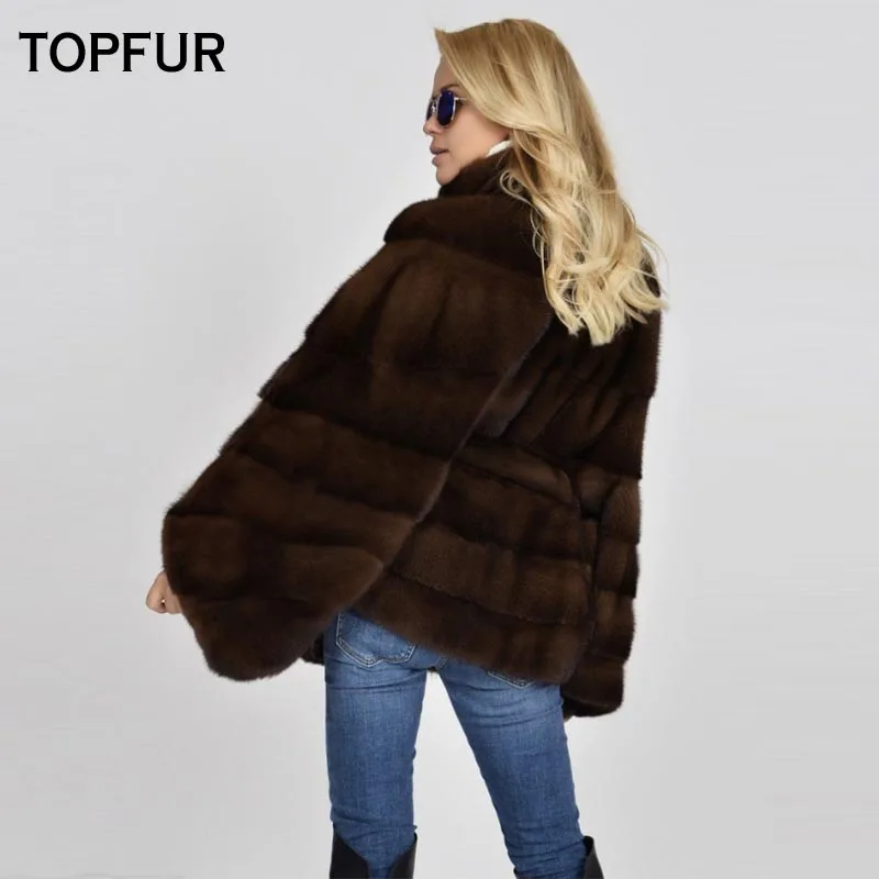 Женская короткая шуба TOPFUR коричневая из натурального меха норки с рукавом