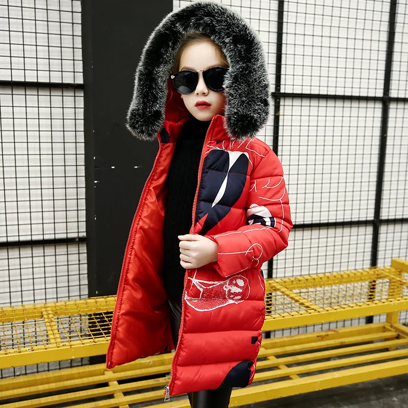 

Winter Fur Collar Hooded Child Casual Down Jackets Black Teenage Girls Cotton-Padded Coat Long Style Girls Winter Parkas TZ369