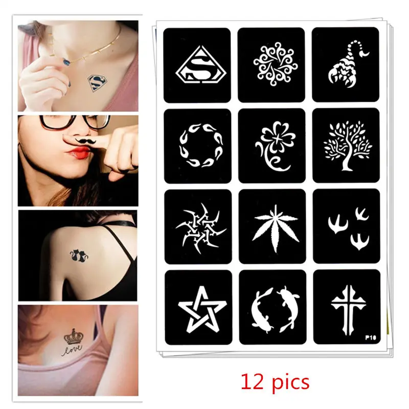 12 фото хной татуировка трафаретов DIY Jagua рисунок Шаблоны аэрография Менди Body Art