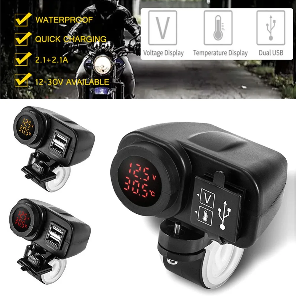 12V светодиодный usb-зарядное устройство для мотоцикла 2.1A+ 2.1A Цифровой вольтметр+ термометр высокая температура Коррозионностойкий водостойкий