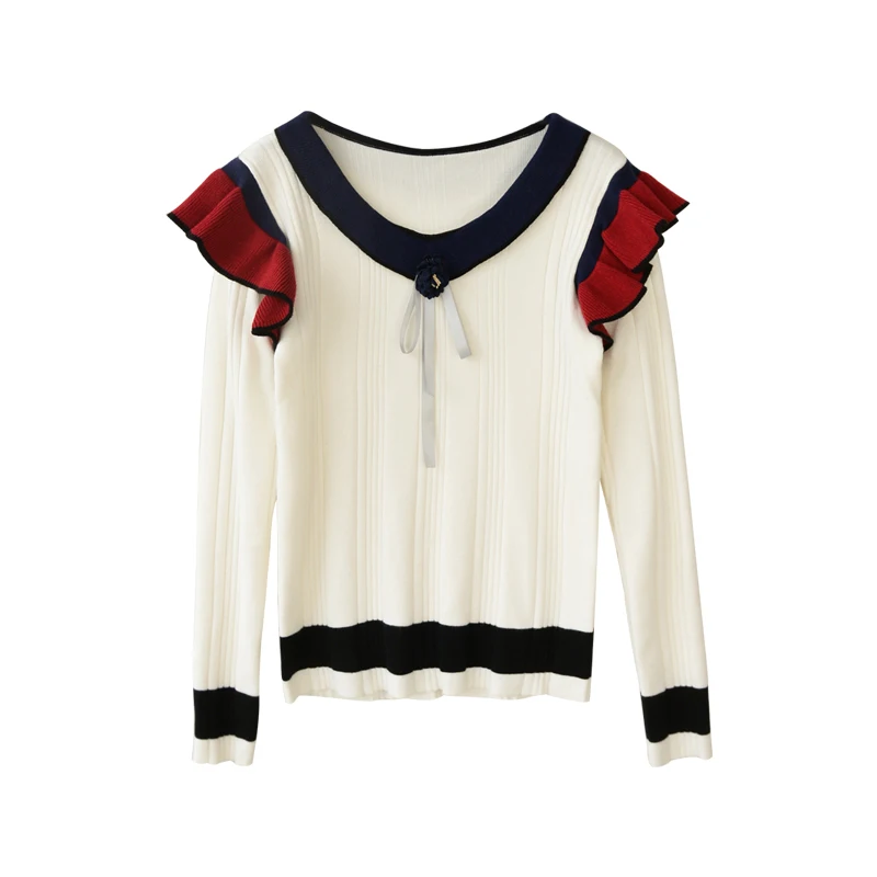 Dabuwawa Spring Autumn Sweater Women Girls Sweet Butterfly Sleeve O-Neck Ruffled Patchwork Pullover Tops D18DJS008 | Женская одежда