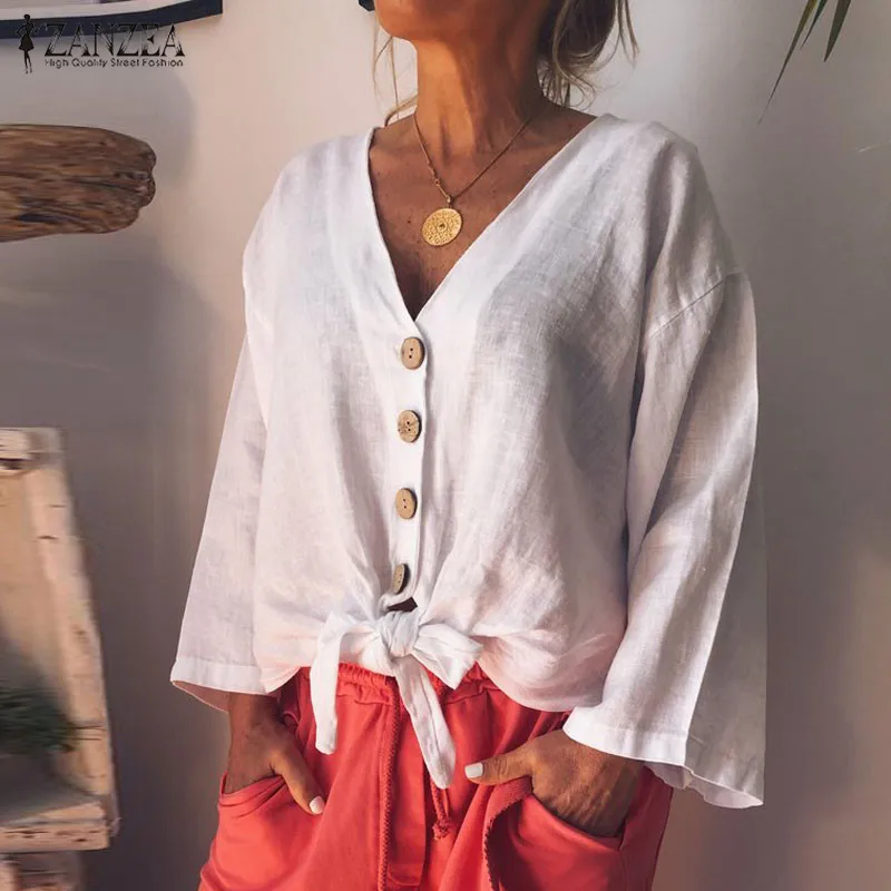 Summer Fashion Blouse ZANZEA Women Long Sleeve Shirt Casual Cotton Linen Tops Sexy V Neck Buttons Down Knot Tunic Plus Size