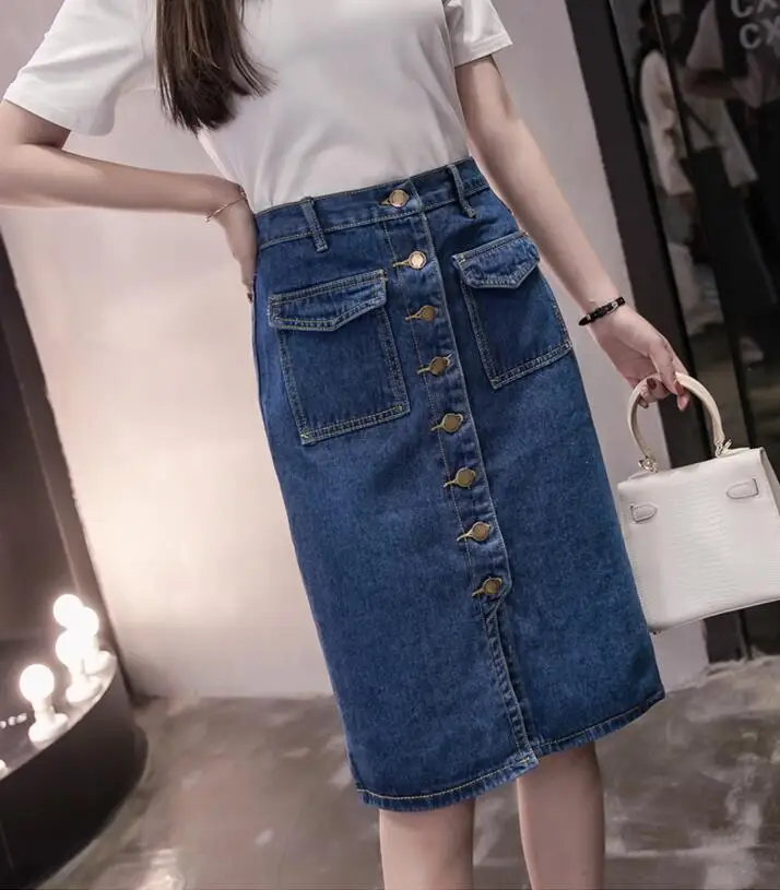 

5xl plus size women denim skirt 2021 spring fashion high waist single-breasted jean skirt female a-line skirts a344