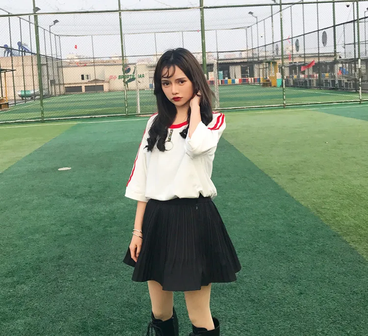 Корейский ulzzang женские длинные футболки японский Harajuku Мода ретро сплит женская футболка Готический полосатый короткий рукав футболки - Цвет: White