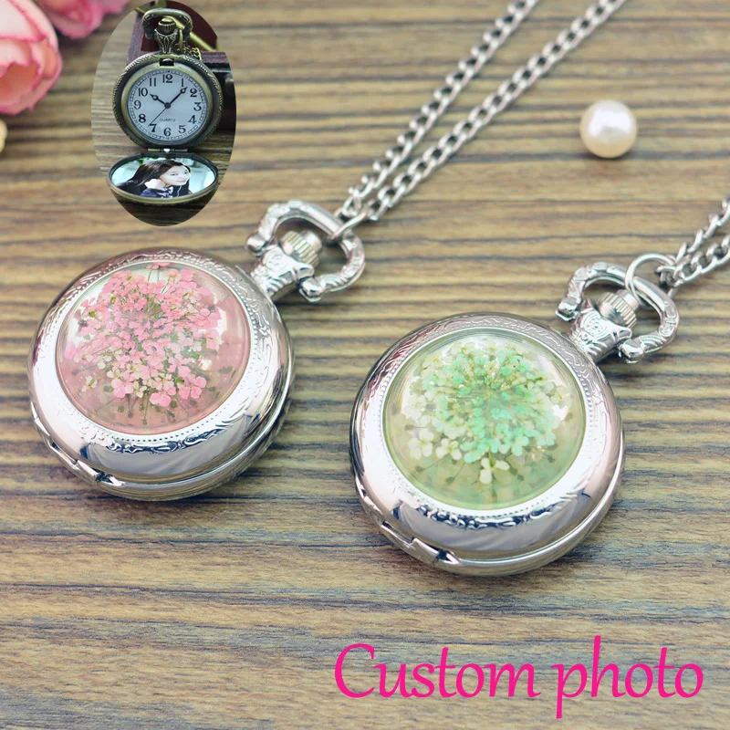Vintage Silver Color Jewelry Newest Dry Flower Statement Necklace &amp Pendants Women pocket watch accept Customized photo | Наручные