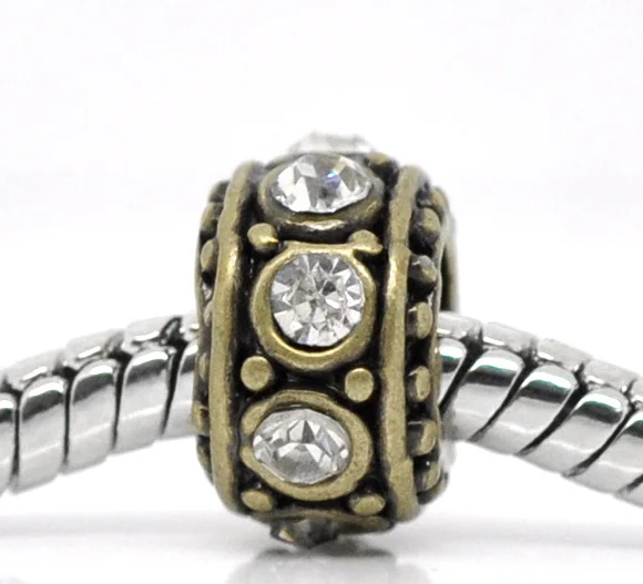 European Charm Zinc alloy Beads Round Antique Bronze White Rhinestone About 11mmx5.8mm Hole: Approx 4.7mm 1 Pc new | Украшения и