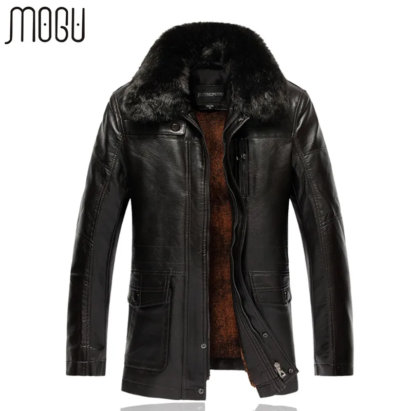 MOGU Leather Jack Мужская зимняя куртка размера плюс 7XL с меховым воротником Куртки из искусственной кожи для мужчин одноцветные Длинные мужские теплые пальто