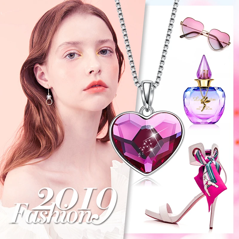 

Cdyle Fine Jewelry 925 Silver Women Chains Fuchsia Crystal Heart Necklace for Girlfriend Valentine's Day Gifts