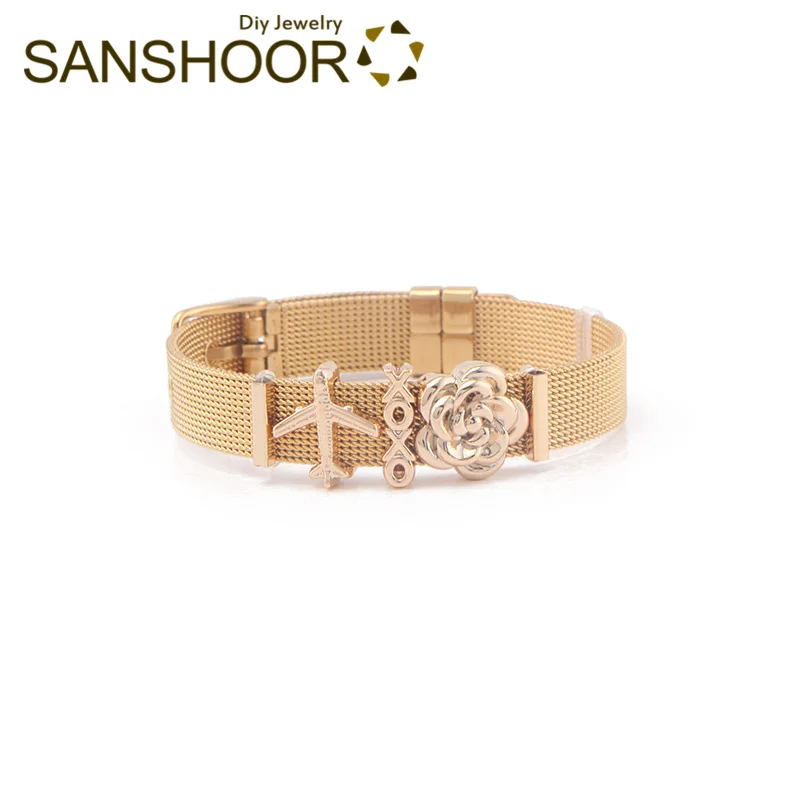 Gold Set SANSHOOR новая сетчатая сумочка на руку браслет из нержавеющей стали набор самолет XOXO роза цветок Хранитель горки Подвески Женская мода ювелирные изделия 1 комплект - Окраска металла: Gold Set