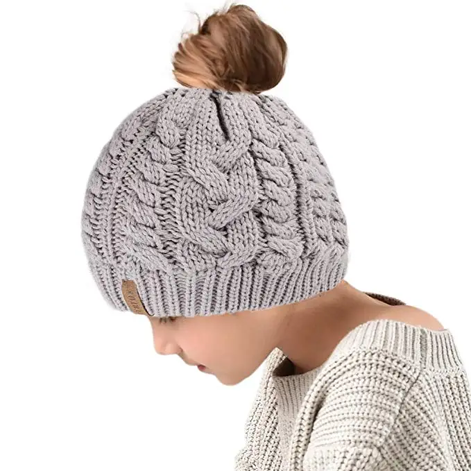 Kids Grey FURTALK хвост шапочка шапка Для женщин зимние круглые шапки без полей для детей для маленьких девочек вязаная зимняя бегун грязный булочка шапка с отверстием для хвоста Кепки - Цвет: Kids Grey