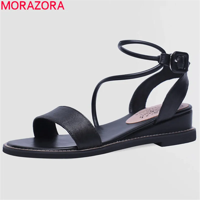 

MORAZORA 2021 new arrival cow leather sandals women buckle solid colors summer shoes fashion wedges sandals woman casual shoes