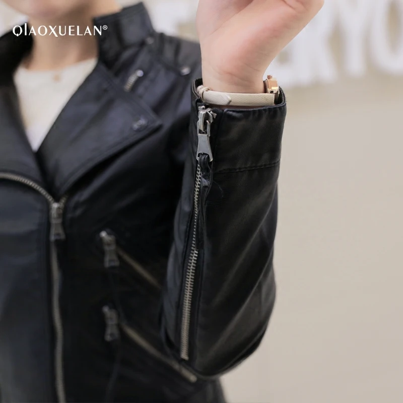 

Fitaylor Autumn Winter Women Faux Soft Leather Jackets PU O Neck Black Blazer Zippers Coat Motorcycle Outerwear