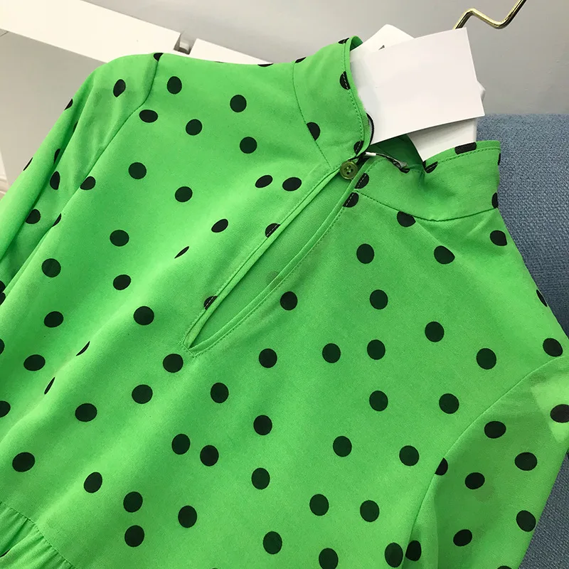 fall new deep V collar long sleeve dot print big swing loose long dress