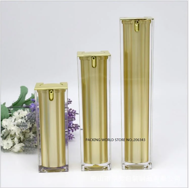 15 мл Золотая квадратная форма акриловая безвоздушная бутылка с насосом для