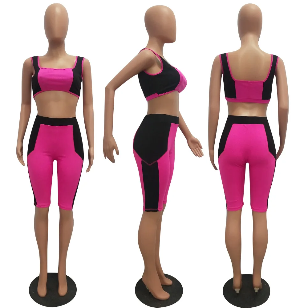 Adogirl women patchwork two pieces sets fluorescent bra tops hot pants casual skinny crop running suits summer |