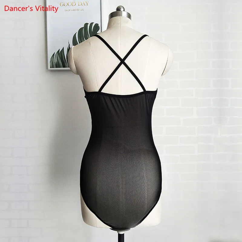 New Women Latin Bodysuit Belly Dance Tops Costume Jumpsuits Water Yarn + Lace Top Black |