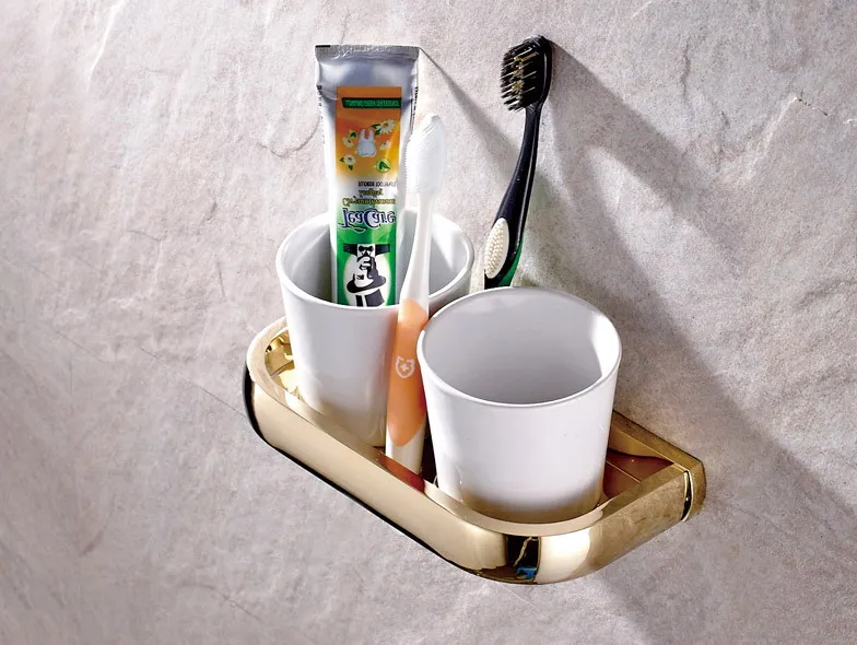 Wall Mounted Luxury Gold Color Brass Bathroom Toothbrush Holder Set Accessory Dual Ceramic Cup mba846 | Обустройство дома