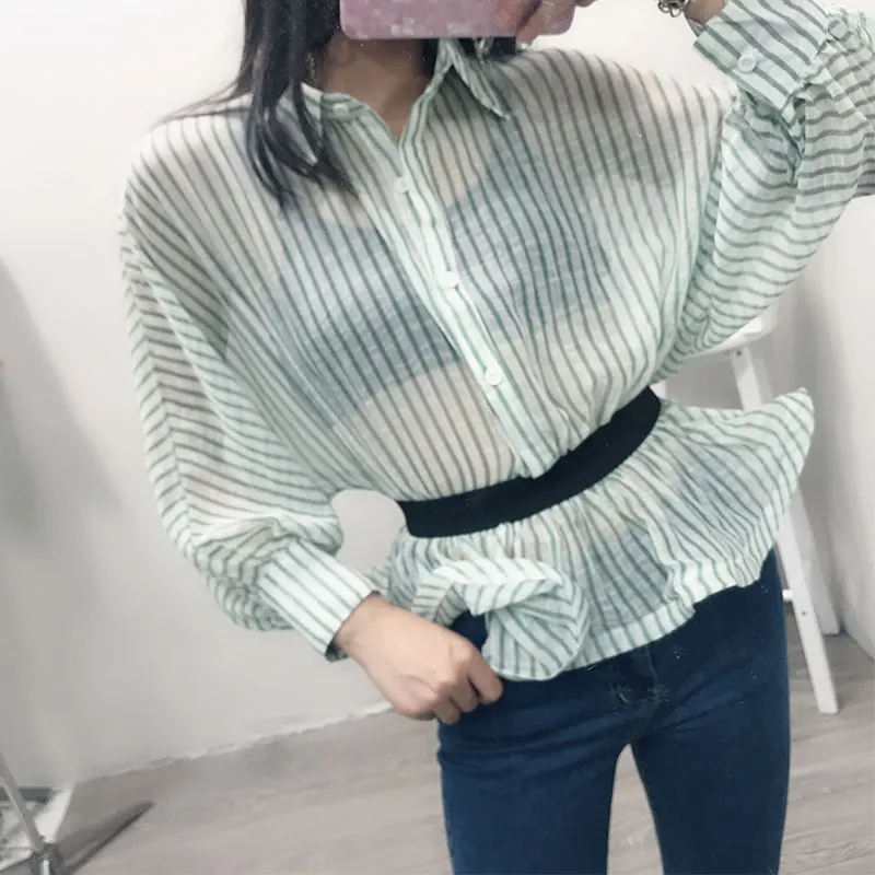 WHITNEY WANG 2018 Summer Fashion Streetwear Colors Contrast Elastic Ribbon Patchwork Striped Blouse Women blusas Shirt Tops |