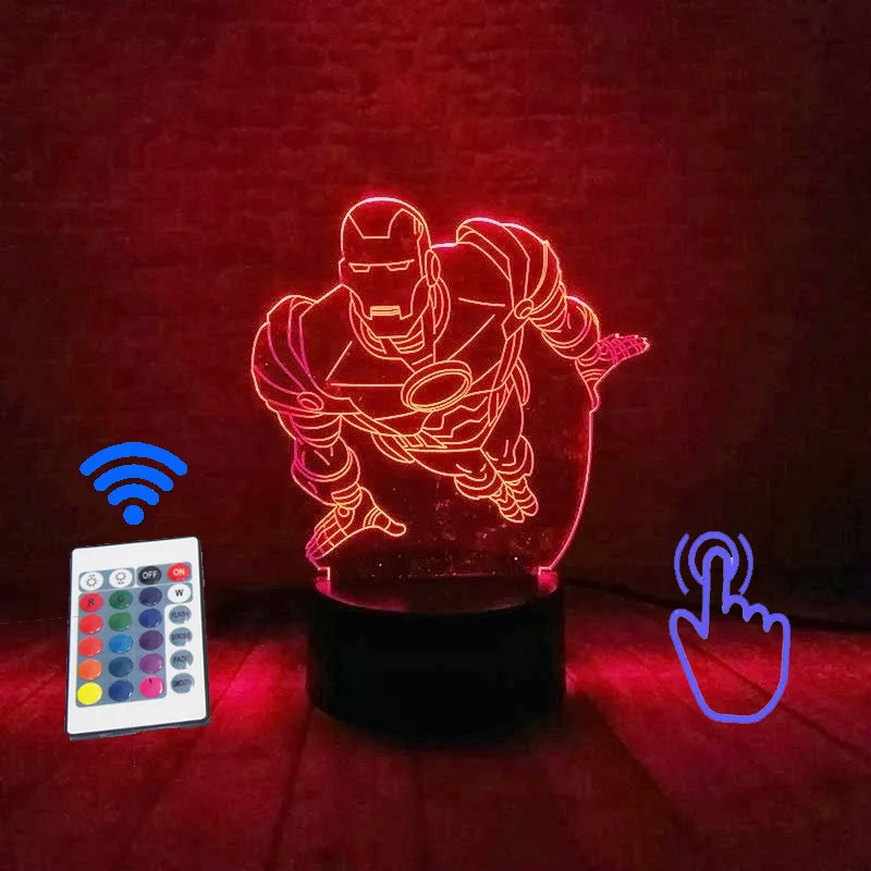 Remoter and Touch 3 Плавающие Мстители фигурка железного человека 3D иллюзия светодиодный настольный Ночной светильник 7 цветов меняющийся светильник Marvel Железный человек Маска Figma светильник игрушка - Цвет: Remoter and Touch 3