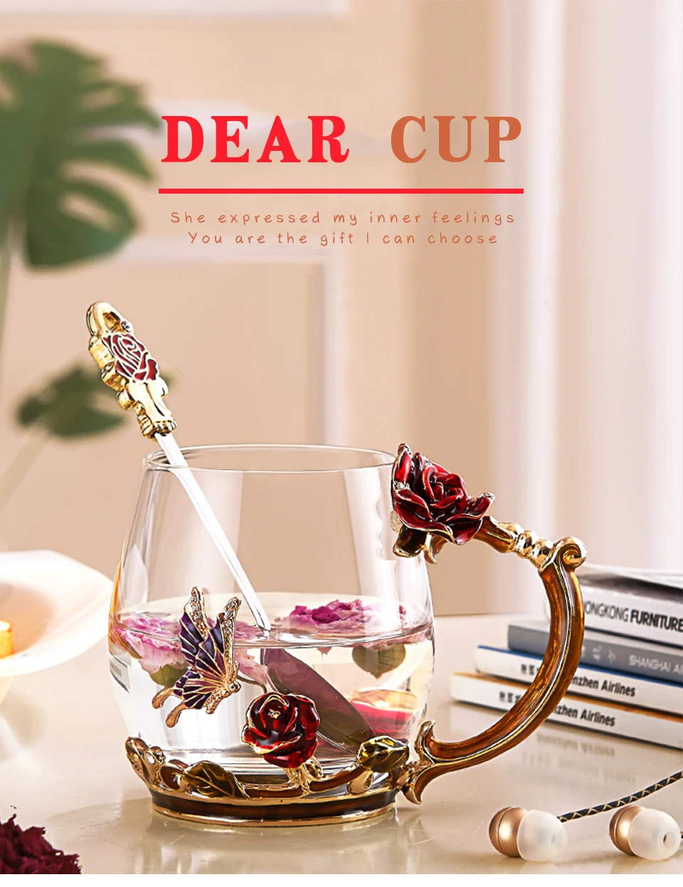Enamel Color Coffee /Tea Cup Glass Chinese Tea Cup Coffee Mugs Creative Heat-Resistant Glass Cups Set with Stainless Steel Spoon