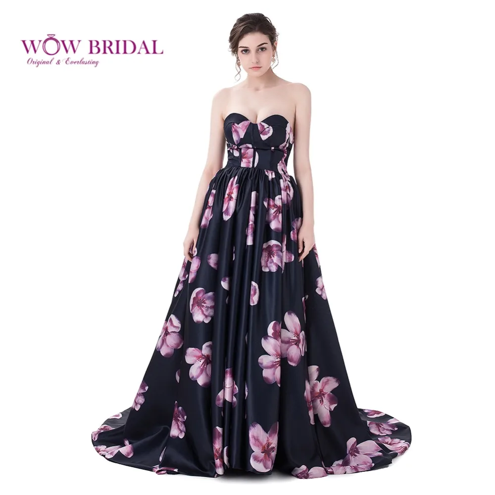 

Wowbrial Sweetheart Sleeveless Ball Gown Evening Dress Black Floral Printed Flower Evening Gowns Formal Dress For Party 26402