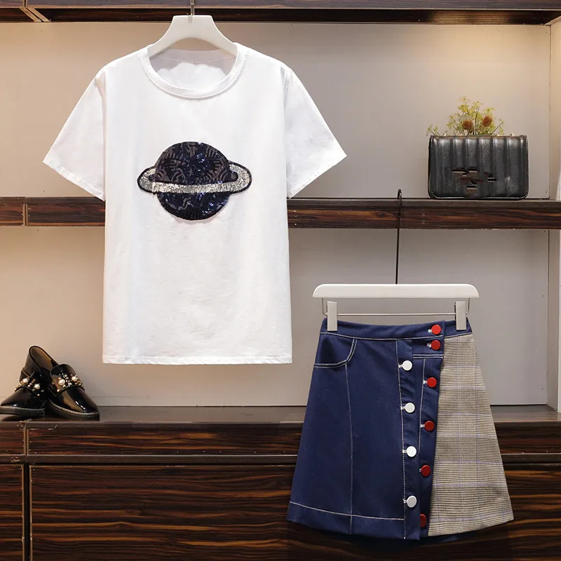 Комплект из 2 предметов женская летняя футболка 2019 года расшитая блестками белая