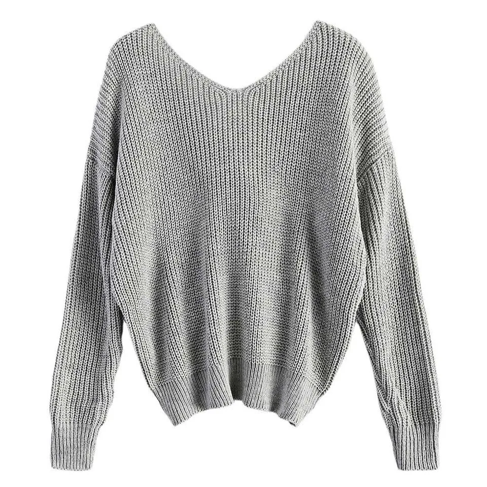Autumn Winter Women Jumpers 2019 Sexy V Neck Twisted Back Sweater Female Long Sleeve Pullovers Knitted Loose Ladies Tops | Женская