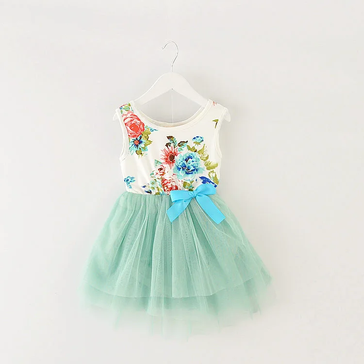 Wholesale Girls Clothing Summer 2017 New Kids Sleeveless Mesh Floral Flower Gauze Dresses Princess Bow Children Clothes 4pcs/LOT | Детская