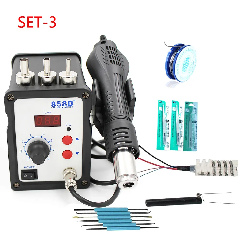 SET-3 858D+ паяльная станция горячего воздуха 110 В/220 В 700 Вт Светодиодная цифровая паяльная Тепловая пушка паяльная станция ESD SMD SMT сварочная ремонтная машина - Цвет: SET-3