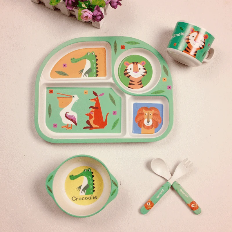 

Baby Bamboo Fiber 5 Pcs Tableware Set Baby Plate Set Children Cartoon Separation Plate Bowl Fork Spoon Cup Set Feeding Supplies
