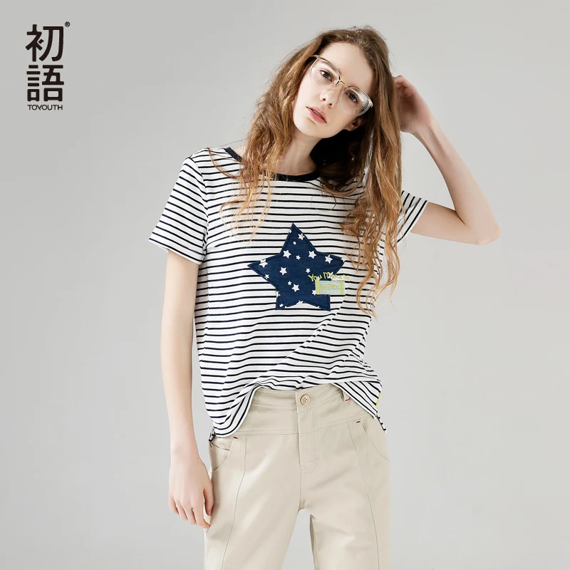 Женская футболка в полоску с круглым вырезом и коротким рукавом|women t-shirt|casual