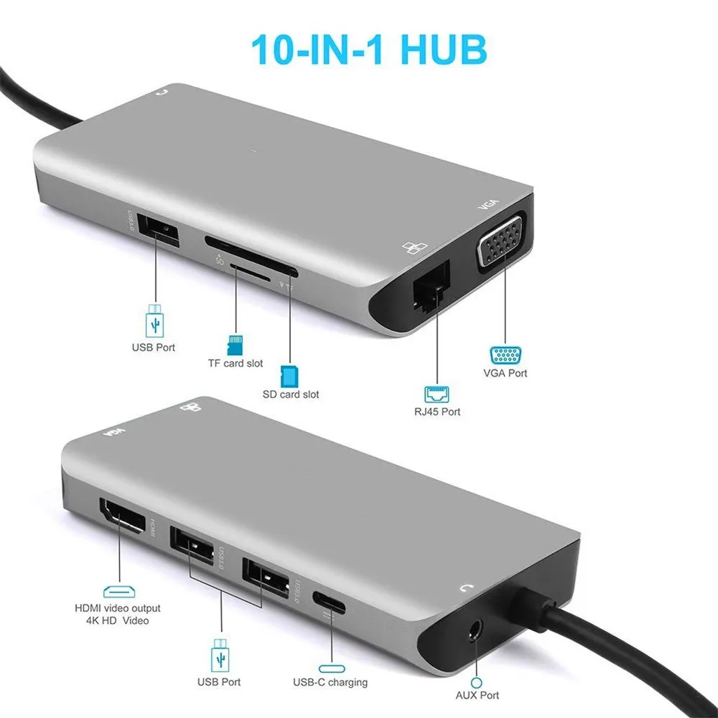 10 в 1 USB C Type к HDMI VGA RJ45 3 0 для SD TF кардридер встроенный чип преобразования и