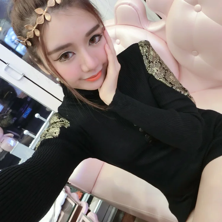 Autumn Winter Tops Hot Fashion Women Slim Bodysuit Elegant Ladies Patchwork Gold Lace Black Knitted Pullover Turtleneck Sweater | Женская