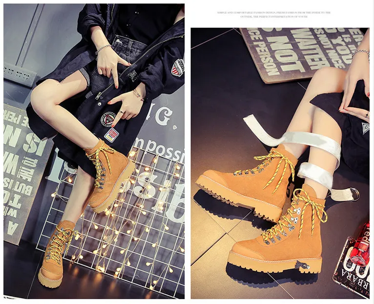 Ankle Boots Fur Inside Femal Winter High Top Flat Woman Round Toe Comfortable Lace UpYouth Waterproof Platform Keep Warm