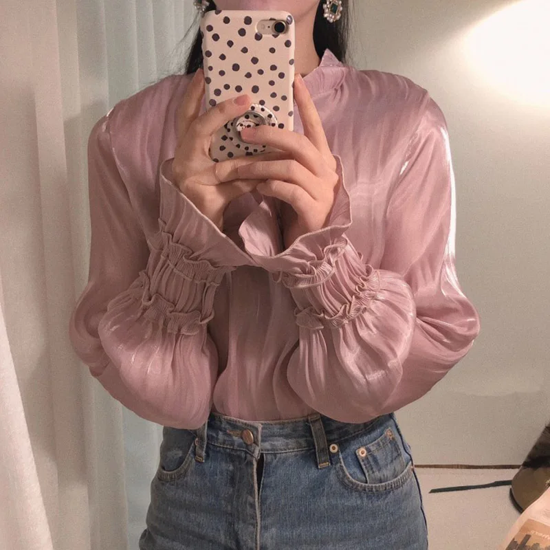 Женская блузка с длинным рукавом Wixra весенне летняя блестящими рукавами в