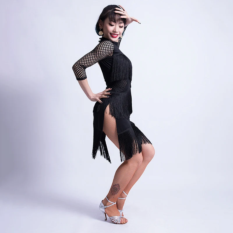 Latin Dance Dress Female Adult Stand Collar Black Tassel Costume Comfortable Practice Skirt Competition DQL285 | Тематическая