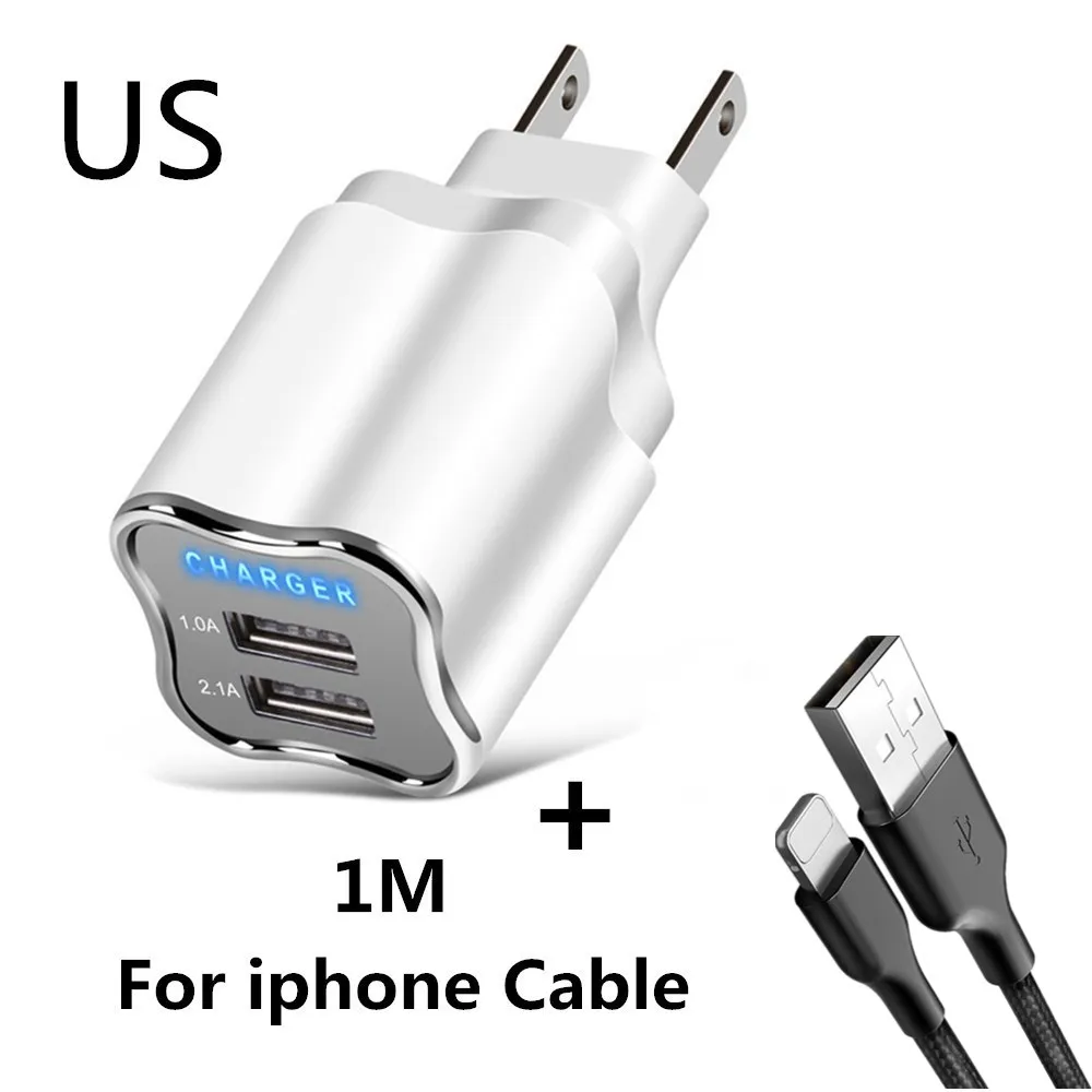 US ip Cable 5 в 2.1A светодиодный 2 USB зарядное устройство Хорошее настенное зарядное устройство EU/US штекер Адаптер для iPhone 8 7 6 iPad samsung huawei Xiaomi зарядное устройство для мобильных телефонов s - Тип штекера: US ip Cable