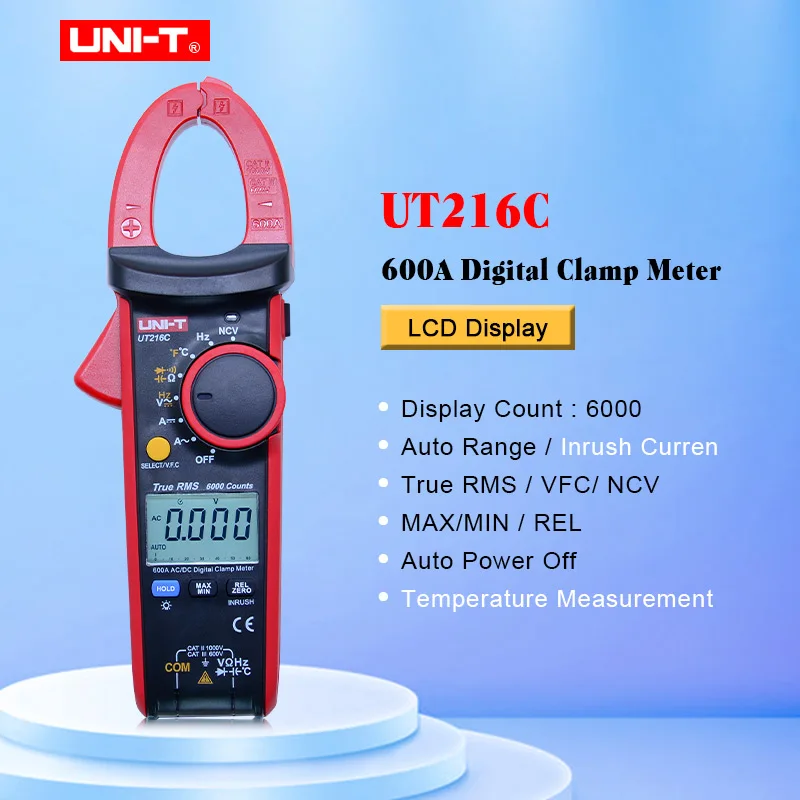 Цифровой токоизмерительный инструмент UT216C цифровой прибор RMS 600A NCV v.f. C диодный ЖК