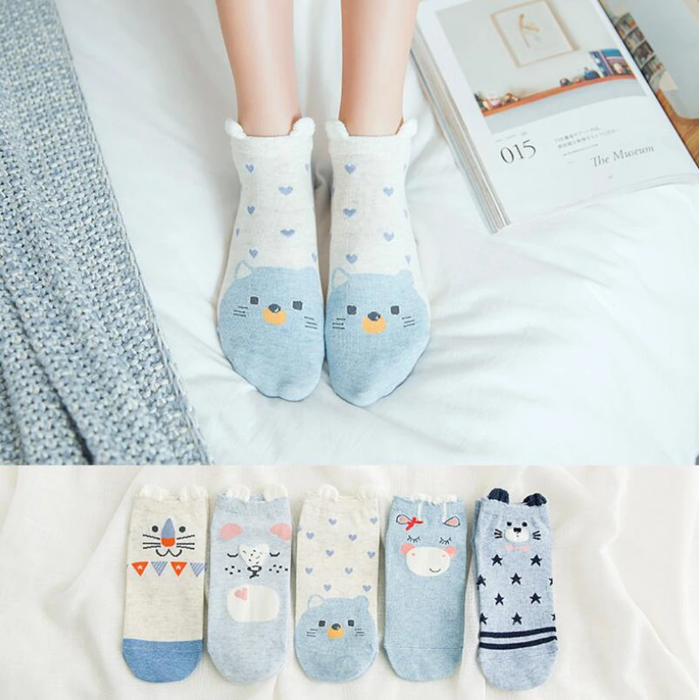 5pairs Women Cute Socks Harajuku Cartoon Cat Pattern Casual Cotton Happy Funny Female Ankle Socks Thin Summer Low Cut Style