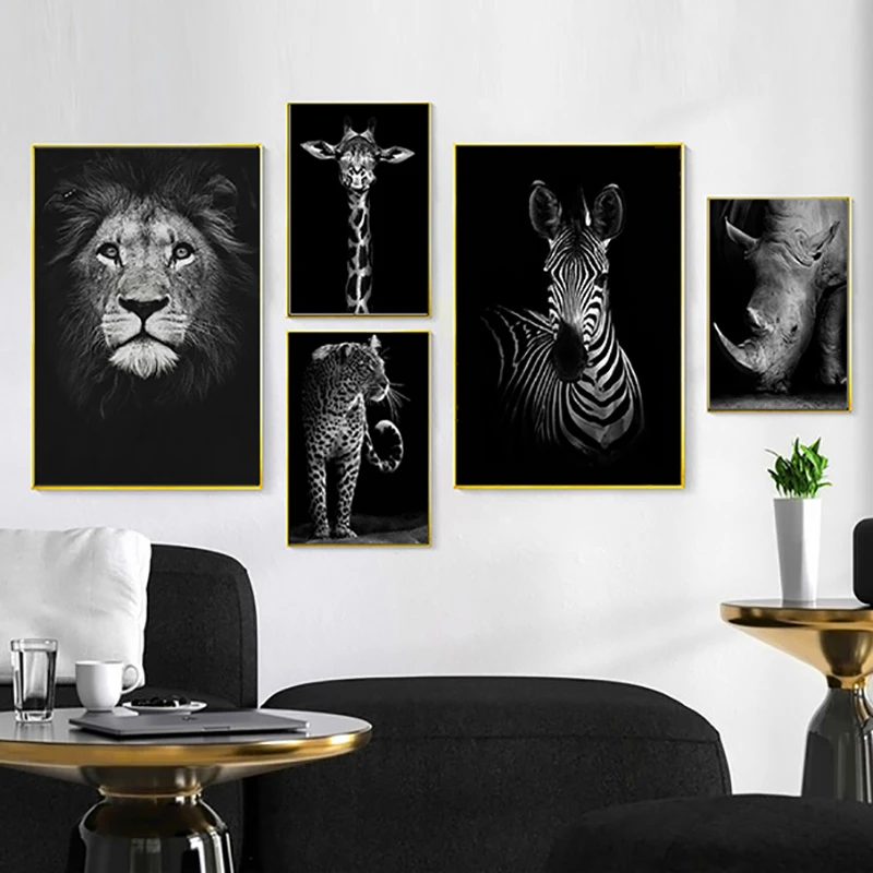 

Nordic Canvas Art Painting Black White Giraffe Elephant Zebra Lion Print Animal Wall Art Poster Living Room Home Decor Painting