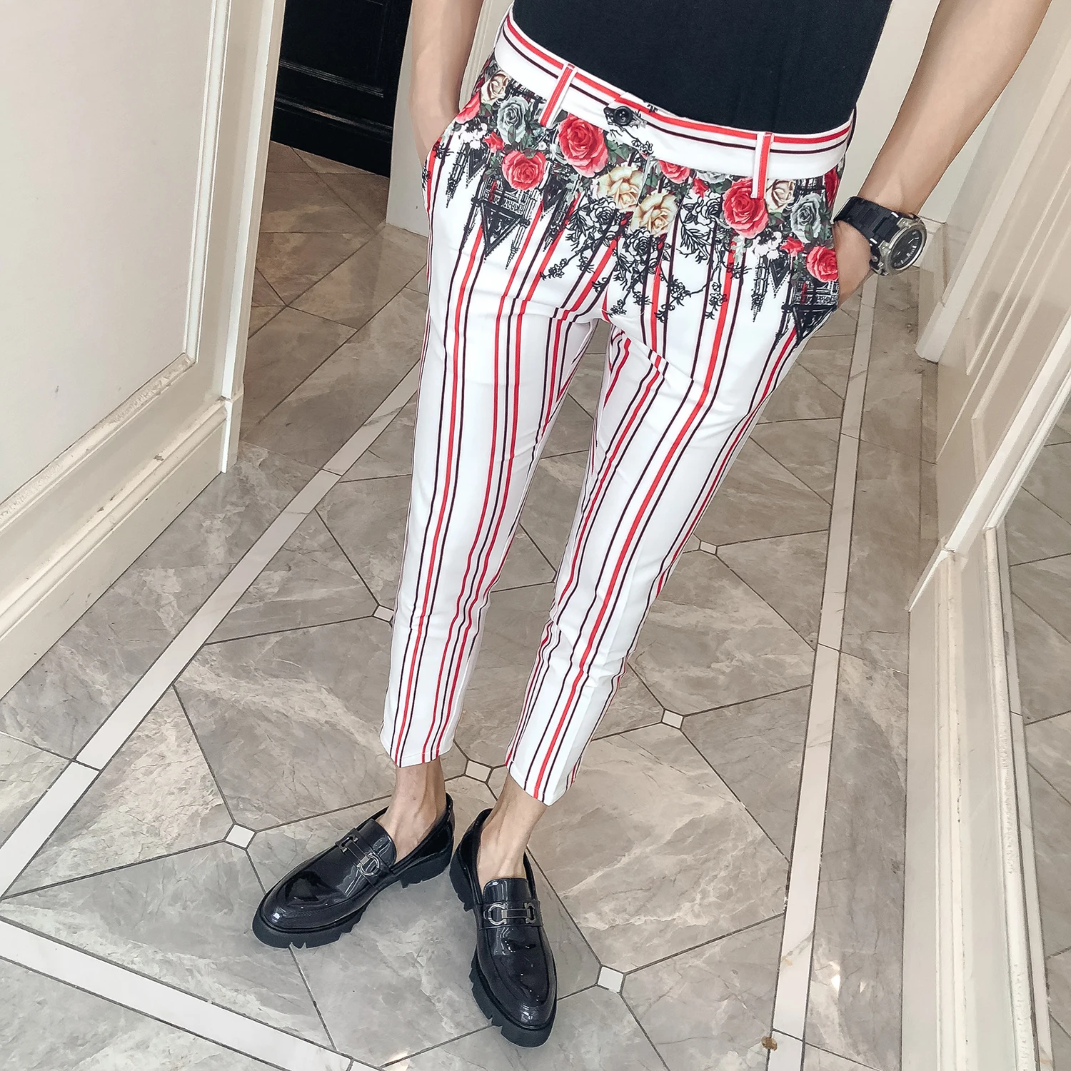 Брюки с цветочным принтом мужские модные Pantalon Homme Slim Fit вечернее платье 2019 брюки