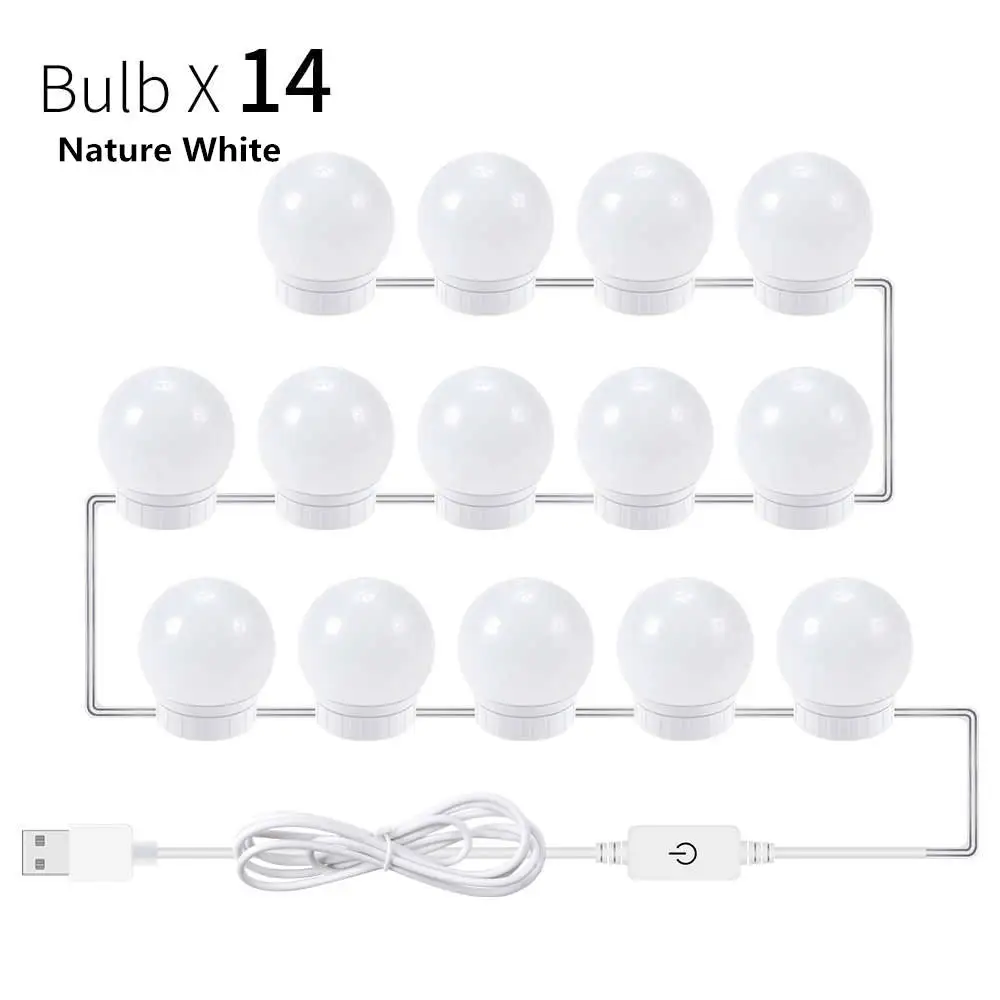 14 Bulbs Светодиодный косметический зеркало для макияжа с лампой лампочка 12 в светодиодный USB кабель питание туалетный столик макияж зеркало лампа Декор ванная комната настенный светильник - Испускаемый цвет: 14 Bulbs