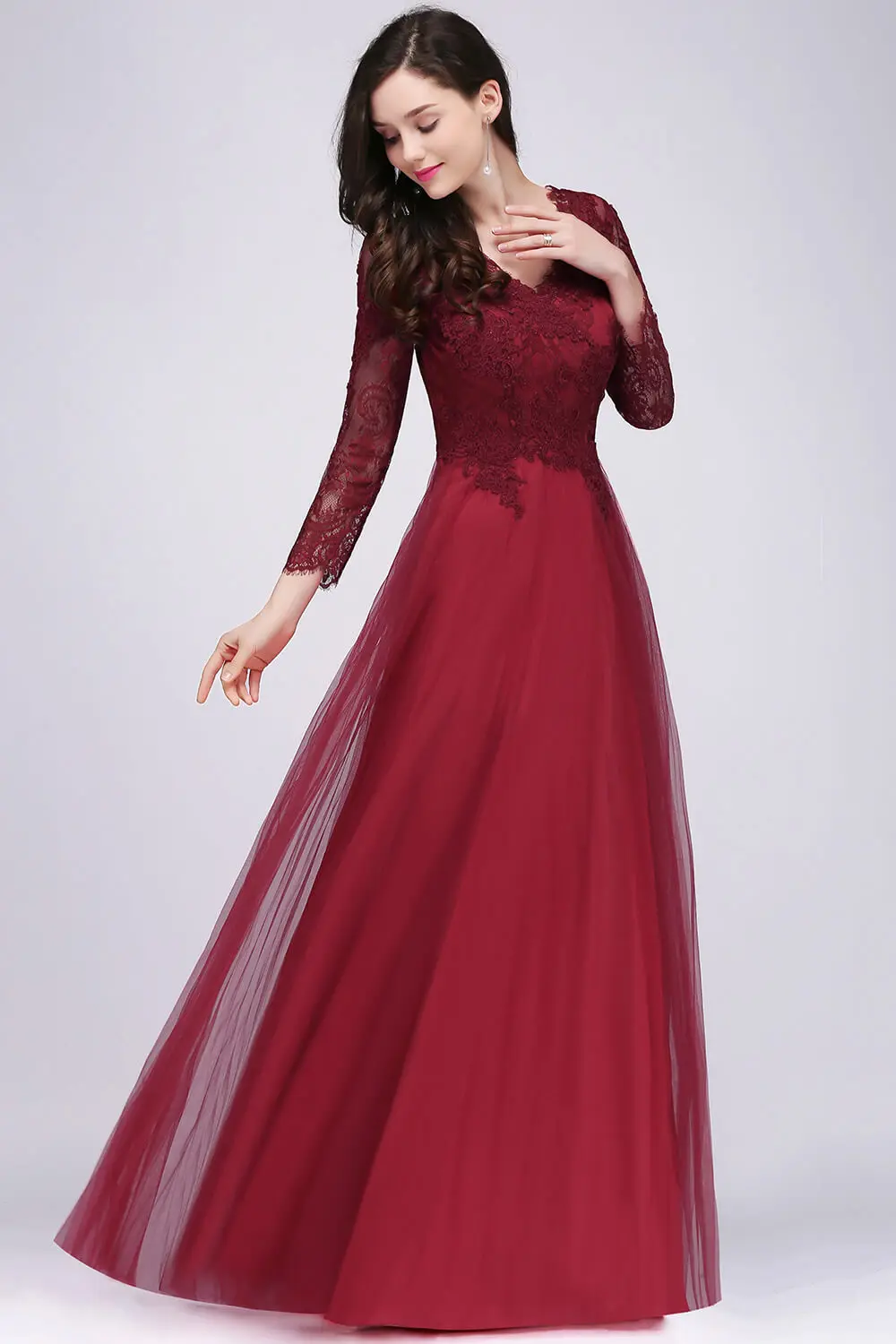 Robes de soiree вечернее платье бургундское кружево Тюль длинный рукав Формальные Вечерние платья Длинные vestido de festa Новинка