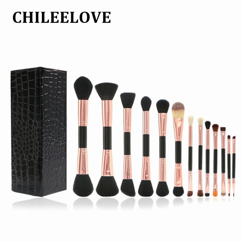 CHILEELOVE 13 шт. Высокое качество Роскошный Rosd золото двойной конец головы основа кисти для макияжа, для румян комплект с ПУ органайзер для косметики сумка