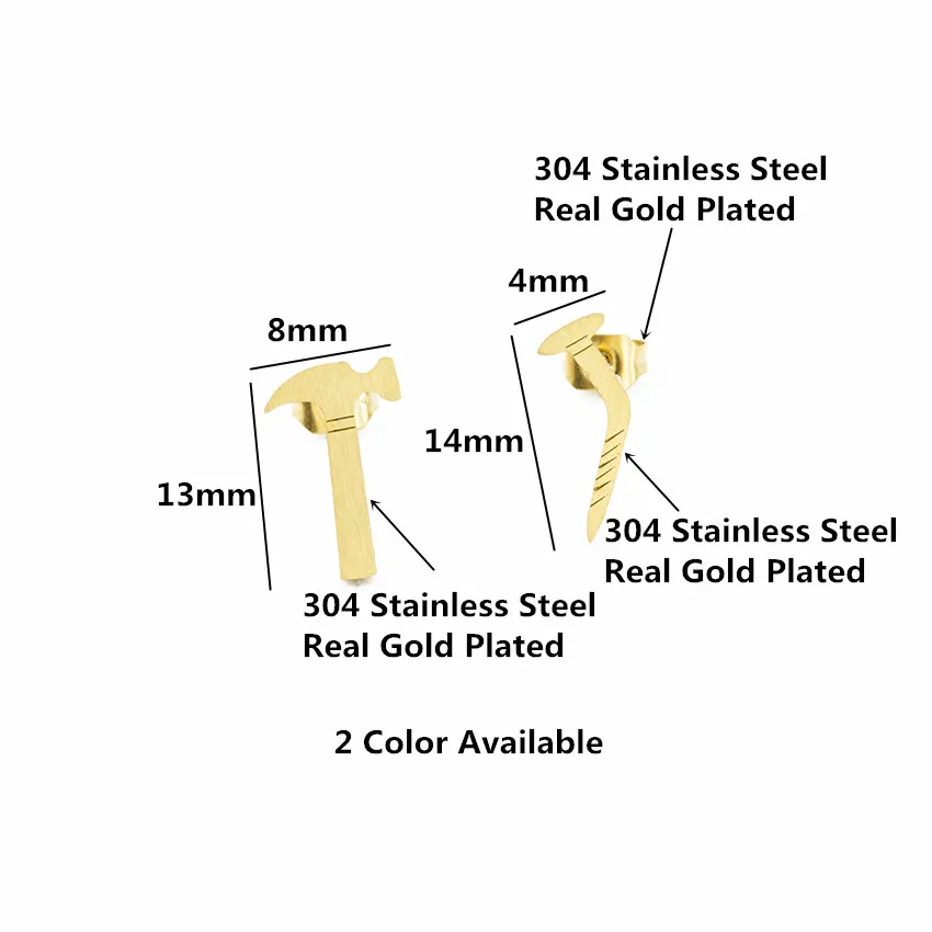 Золотые минималистичные серьги-гвоздики в виде молотка и ногтей для женщин