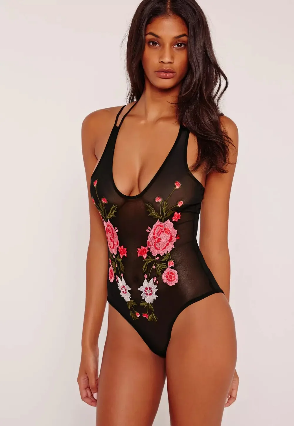 Женский комбинезон с вышивкой женский элегантный Облегающий лямками на шее в