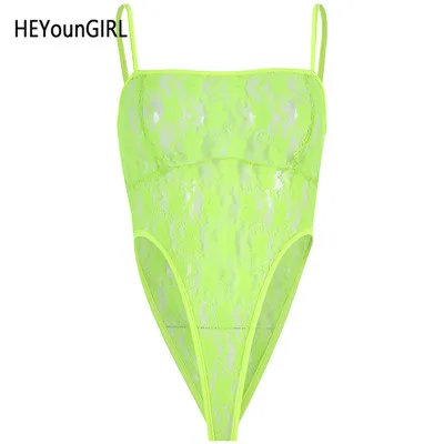 Армейский зеленый HEYounGIRL неоновый зеленый кружевной боди Соблазнительная прозрачная из тюли боди Женский Топ Цветочный обтягивающий комбинезон с вырезом на спине летний праздничный клуб - Цвет: Армейский зеленый