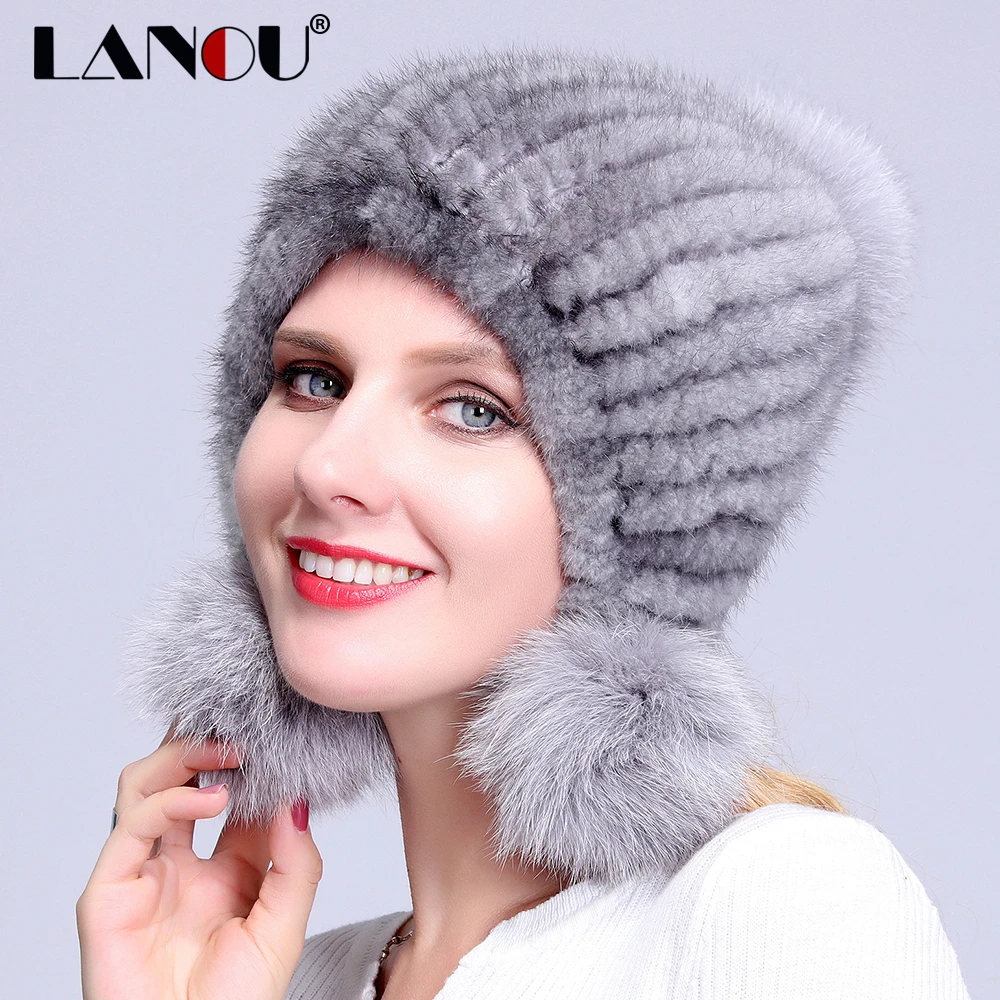 Lanou норки Шапки для Для женщин 100% реального Мех животных вязаные шапочки Кепки с